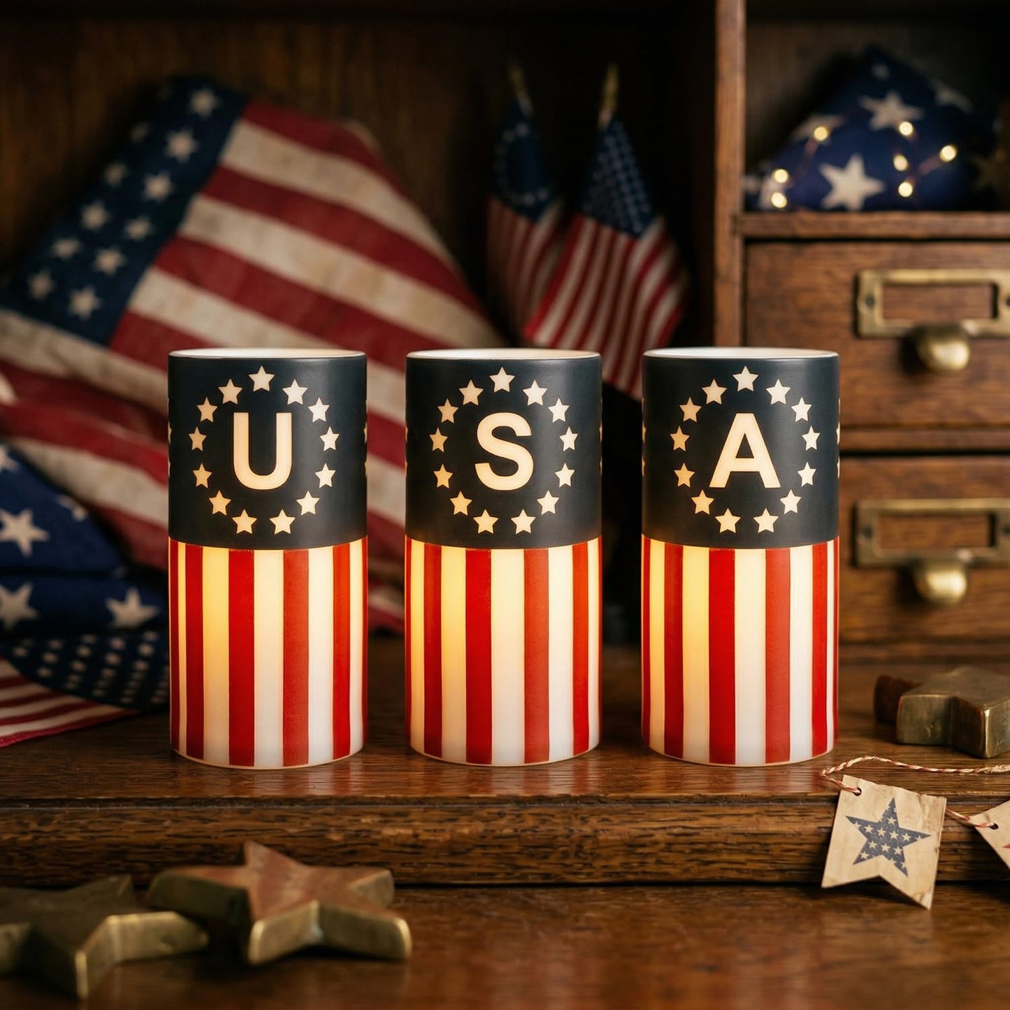 ONEIHOMM 4th of July Candles Battery Operated with Timer Remote Control, Patriotic Candles for American Independence Day Decorations,250th Anniversary American Flag LED Candles,6inch,3 Pcs