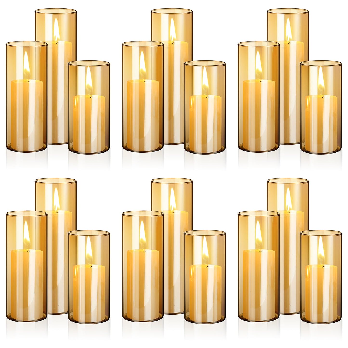Shihanee 36 Pcs Pillar Candles and Glass Cylinder Vases Tall Cylinder Holders for Pillar Candles Wedding Centerpieces, Total 18 Sets(2.6'' X 4.7'', 5.9'', 7.9'',Amble,Ivory)