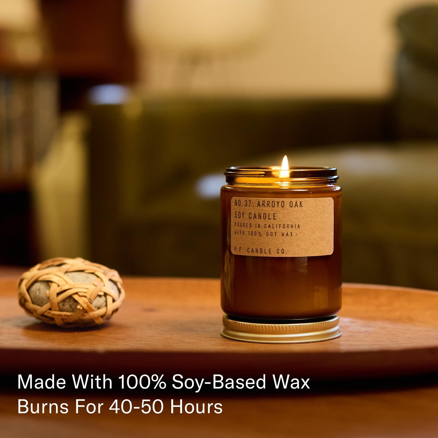 P.F. Candle Co. Arroyo Oak Classic Standard Scented Soy Wax Candle (7.2 oz) 40-50 Hour Burn Time, Amber Glass Jar, Made in The U.S.A.