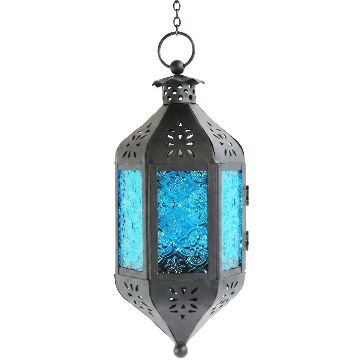 Vela Lanterns Hanging Moroccan Lamp - Exotic Decorative Patio & Porch Decor, Indoor Outdoor Tea Light Candle Lantern Holder with Chain (11" Medium, Blue Glass)