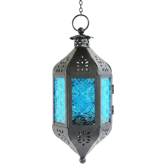 Vela Lanterns Hanging Moroccan Lamp - Exotic Decorative Patio & Porch Decor, Indoor Outdoor Tea Light Candle Lantern Holder with Chain (11" Medium, Blue Glass)