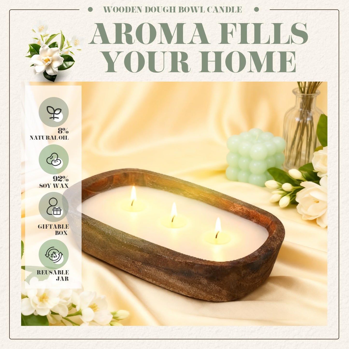 Threlaco 1 Pack 10 Inch Wood Dough Bowl Candles Home Rustic Dough Bowl Soy Candle 3 Wick Scented Candles Gifts for Men Women Farmhouse Table Centerpiece Home Decor for Christmas(Jasmine Gardenia)