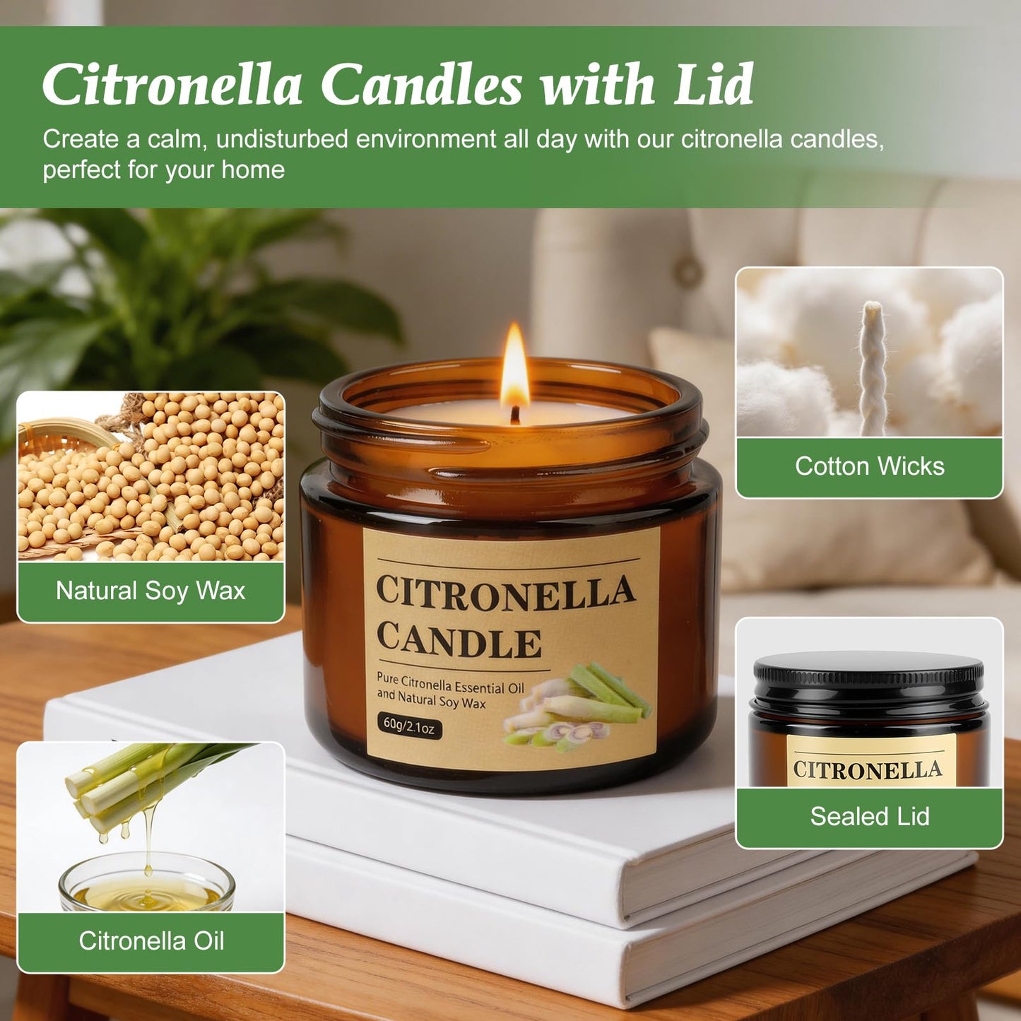 Citronella Candles Outdoor, 8 Pack Citronella Candles with Lids, 120 Hours Burn Time, Natural Soy Wax, Glass Jar Candle for Patio, Yard, Camping, Balcony, Garden, Summer Nights and Indoor Use