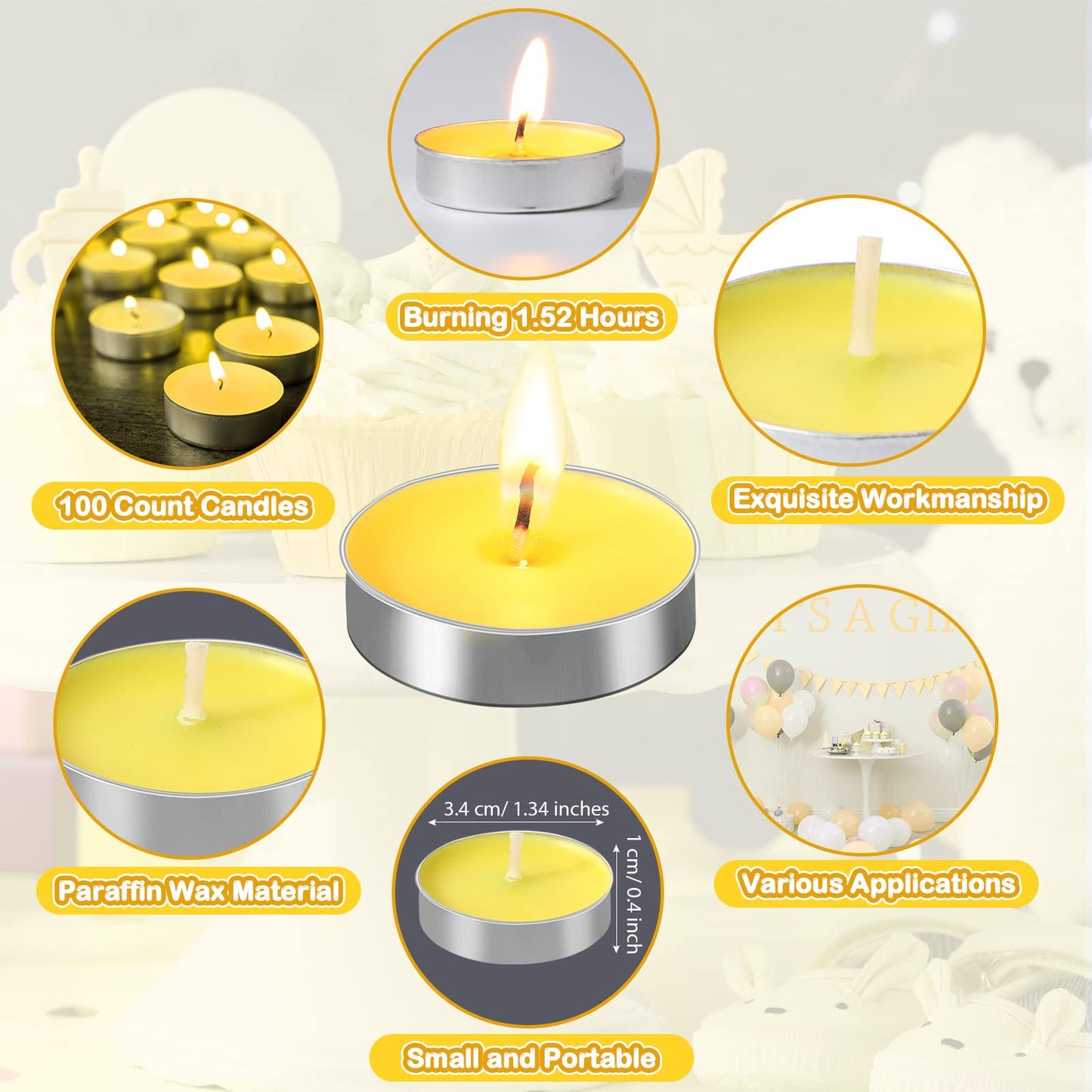 Roowest 50 Set Baby Shower Party Candles Gift for Guests Cute Tea Lights Candle Decorations with Thank You Cards Organza Bags for Girl Boy Baby Shower Gender Reveal Favors(Yellow)