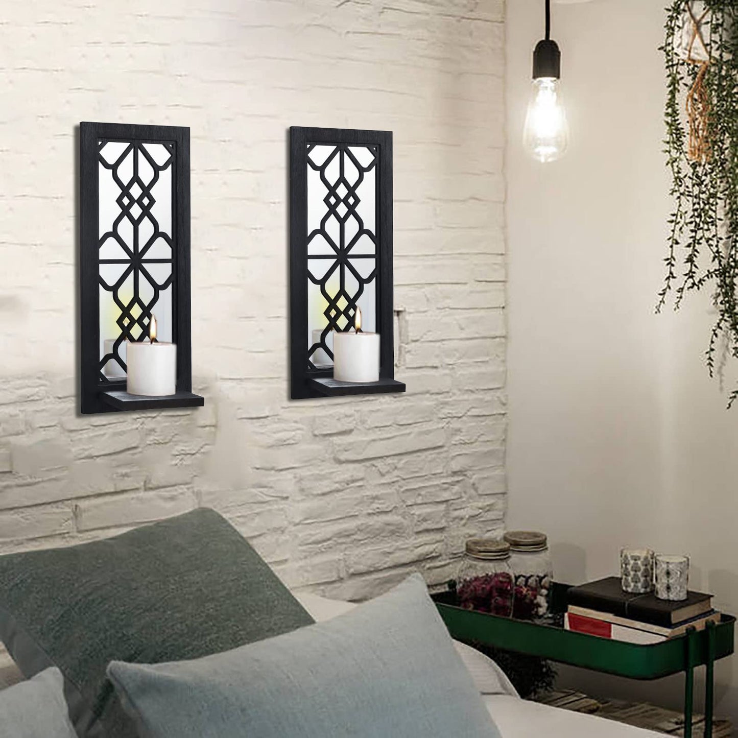 ZEXUIRU 2 Set Rustic Candle Sconces Living Room Bedroom Entryway Wood Mirrored, Farmhouse, Carved Frame Wall-Mount Wooden Candle Holders Wall Decor Hanging Handmade Holder - Black