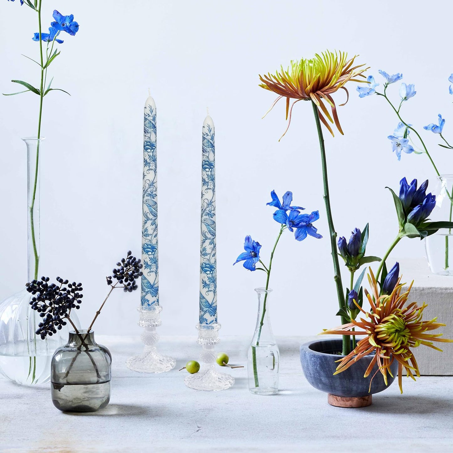 Romantic Floral & Bird Taper Candles - 10 Inch Handmade Drip Candles, Set of 2 for Wedding Centerpieces & Home Decor