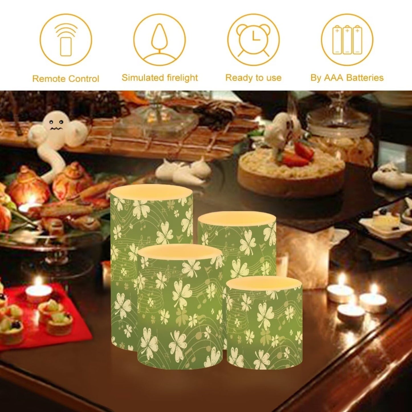 NETILGEN Flameless Electric LED Candles Decorative Lamp with Remote Timer Control Long Lasting for Home Indoor Outdoor Party St.Patrick Day Decoration Set of 4, Green Grass Music