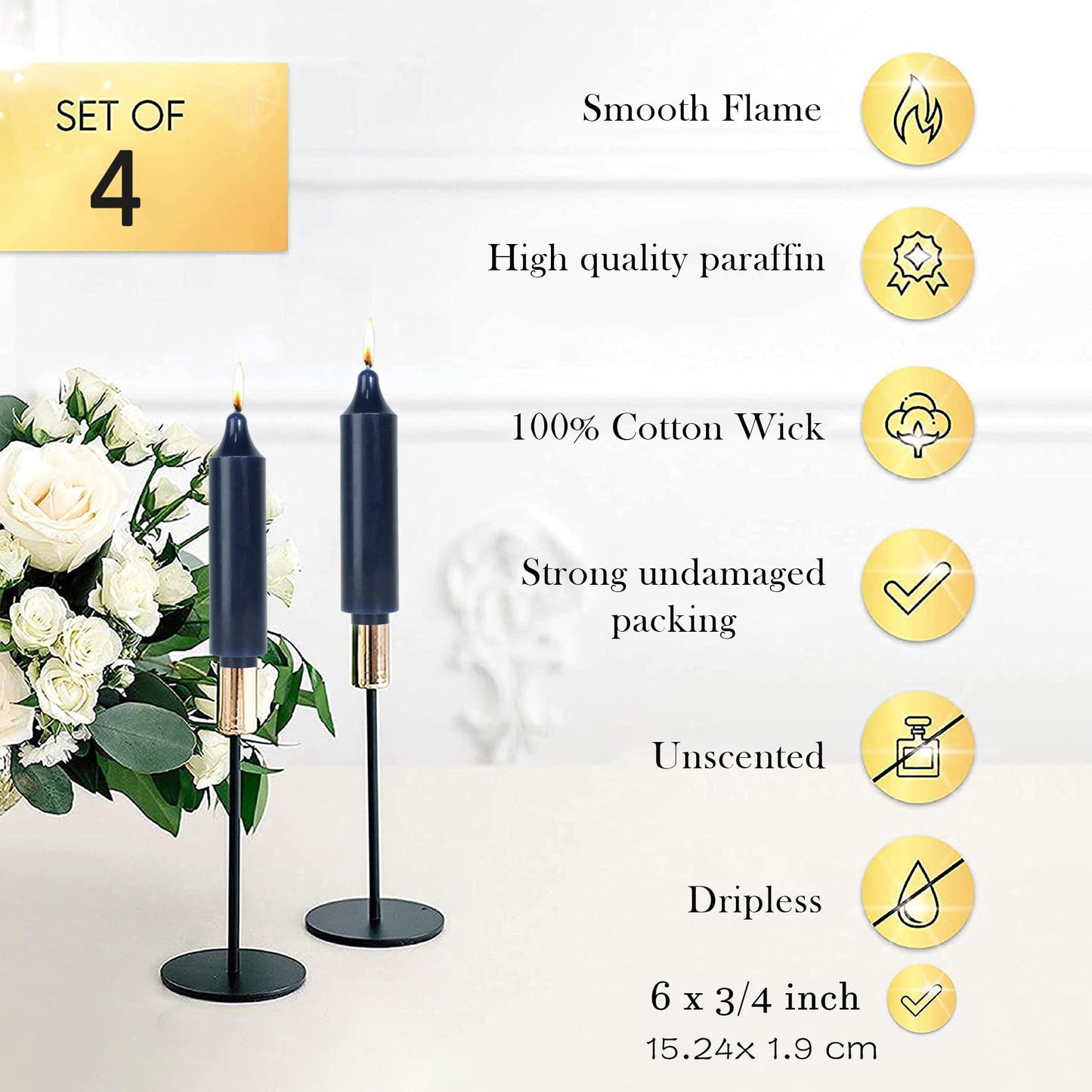 LPUSA Navy Short Taper Candles 6 inch Candle Sticks Unscented Dinner Candle Dripless for Home Decor,Christmas Table Decor，Weddings Festive Party Women Gifts，Set of 4