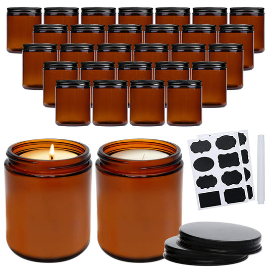 QAPPDA 8oz Amber Candle Jars Set of 30,Round Glass Jars with Black Lids,Empty 250ml Glass Candle Making Jar Bulk Thick Small Food Storage Jar for Spice,Candy,Powder