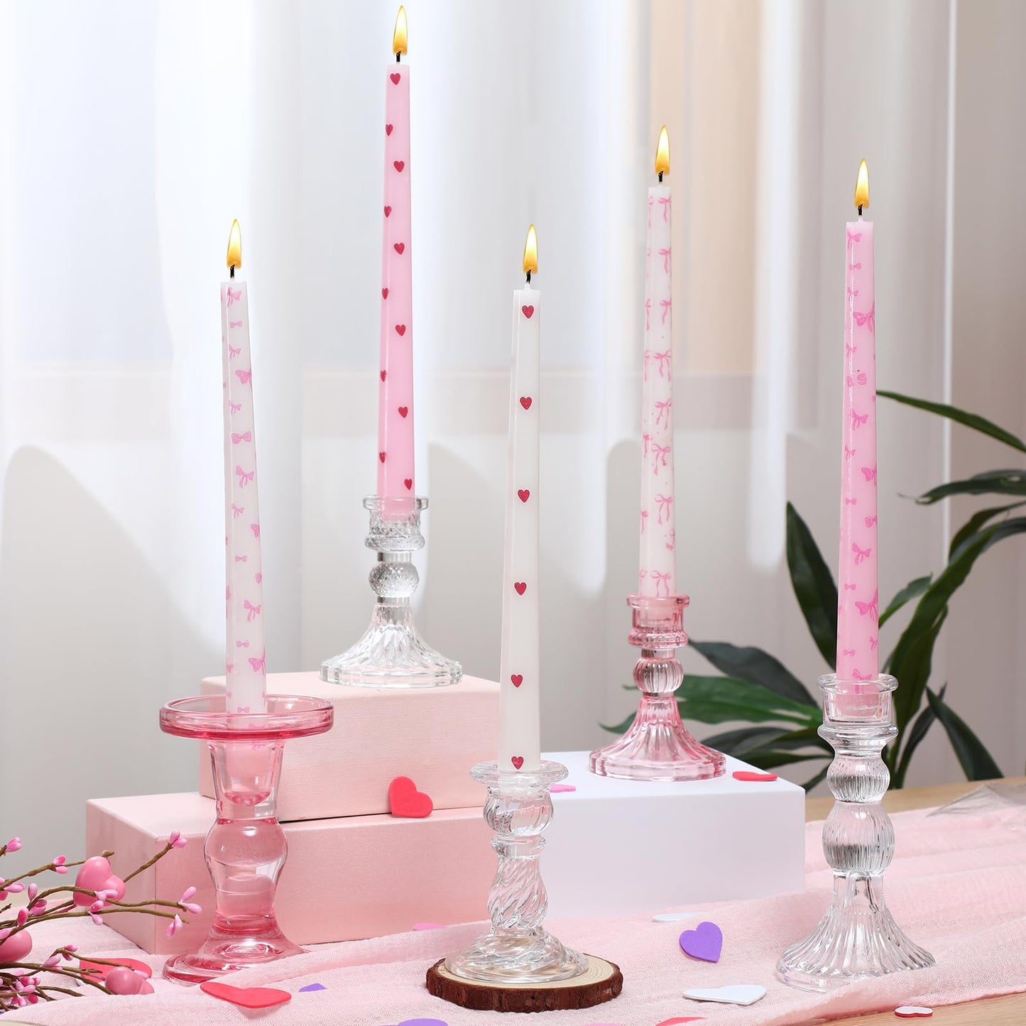 Bokon 10 Pcs Valentines Day Taper Candles with Candlestick Holders Pink Bow Heart Coquette Taper Candles Galentines Party Decor for Valentine's Day Girlfriends' Weddings Anniversaries Birthday