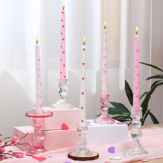 Bokon 10 Pcs Valentines Day Taper Candles with Candlestick Holders Pink Bow Heart Coquette Taper Candles Galentines Party Decor for Valentine's Day Girlfriends' Weddings Anniversaries Birthday