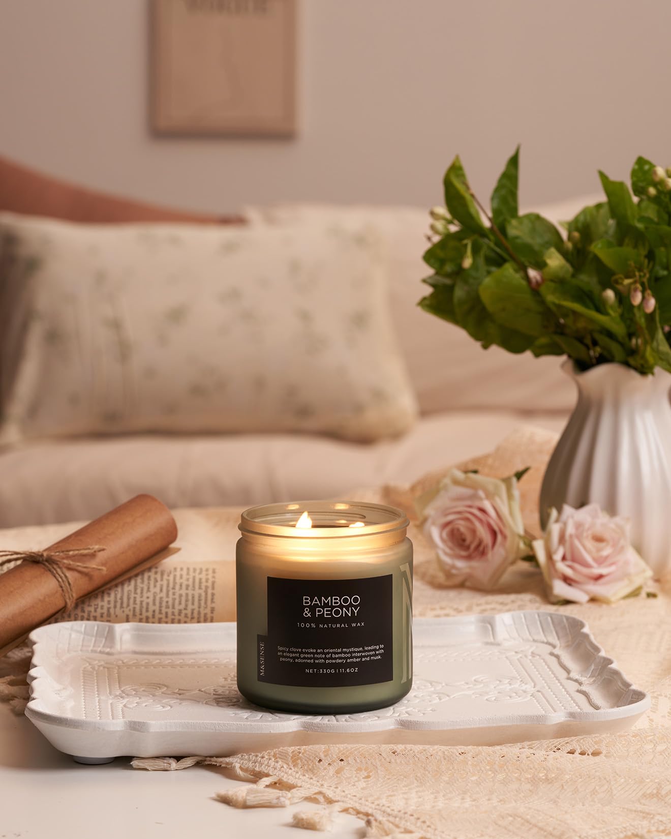 M&SENSE Bamboo Peony Scented Candles for Home, 11.6oz Natural Soy Wax, 70 Hours Slow Burning Aromatherapy Jar Candle, Home Fragrance Gifts for Stress Relief Relaxation