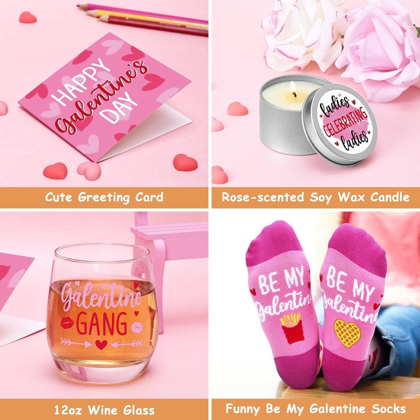 Galentines Day Gifts for Women Galentine Wine Glass Socks Rose Scented Candles Greeting Card Ladies Celebrating Ladies BFF Present Birthday Idea Valentines Day Gifts for Her Friends Girls Sister