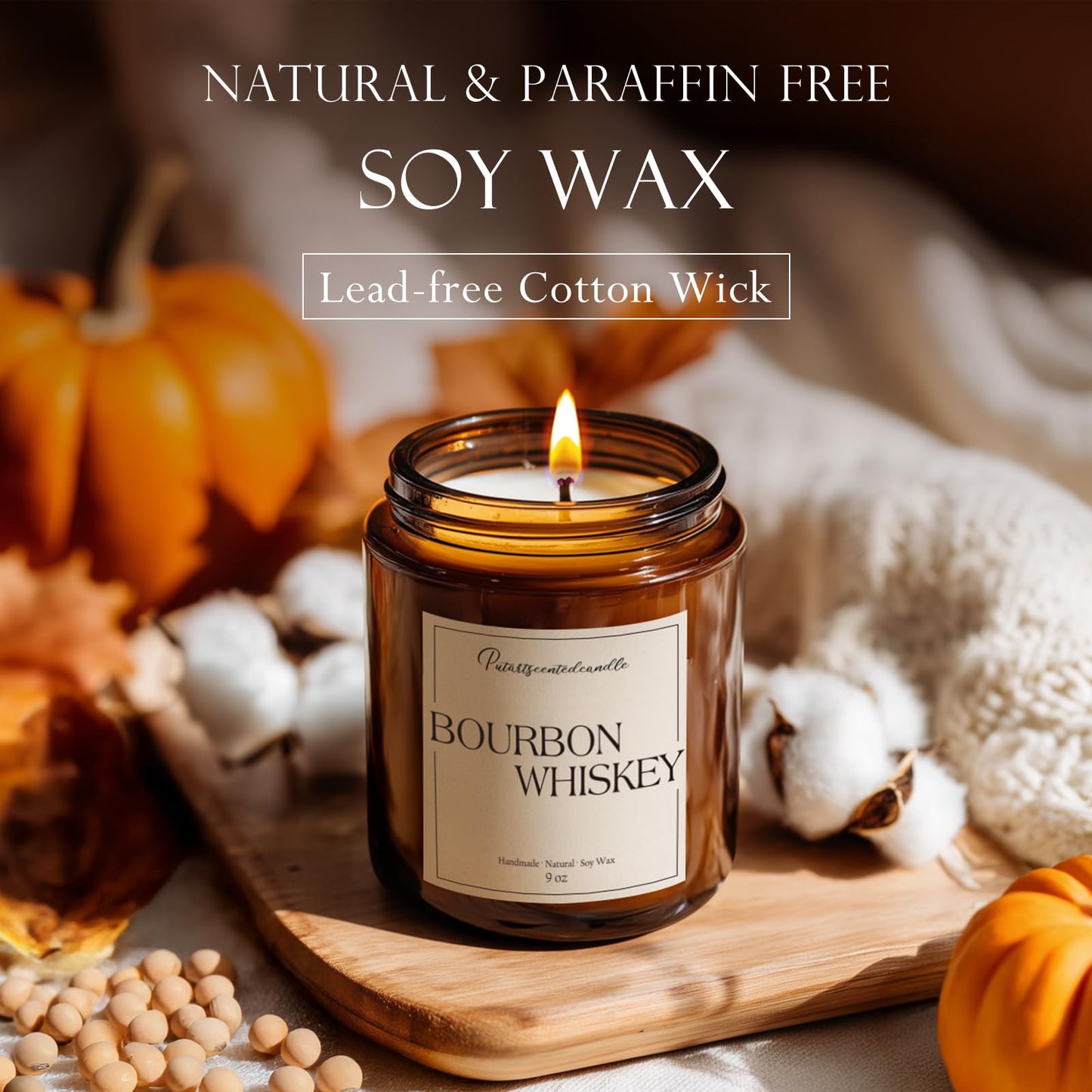 Putart Bourbon Whiskey Scented Candle for Home, Natural Soy Wax Aromatherapy Non Toxic Candle Gifts for Women & Men, Handmade Highly Scented & Long Lasting Jar Candle for Stress Relief (9oz)