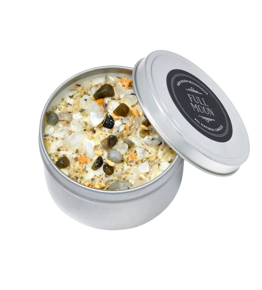 Full Moon Candle by New Moon Beginnings - Purification & Cleansing Candle - Crystal and Herb Candles - Aromatherapy Candles - soy candle, 8 Ounce Metal Tin