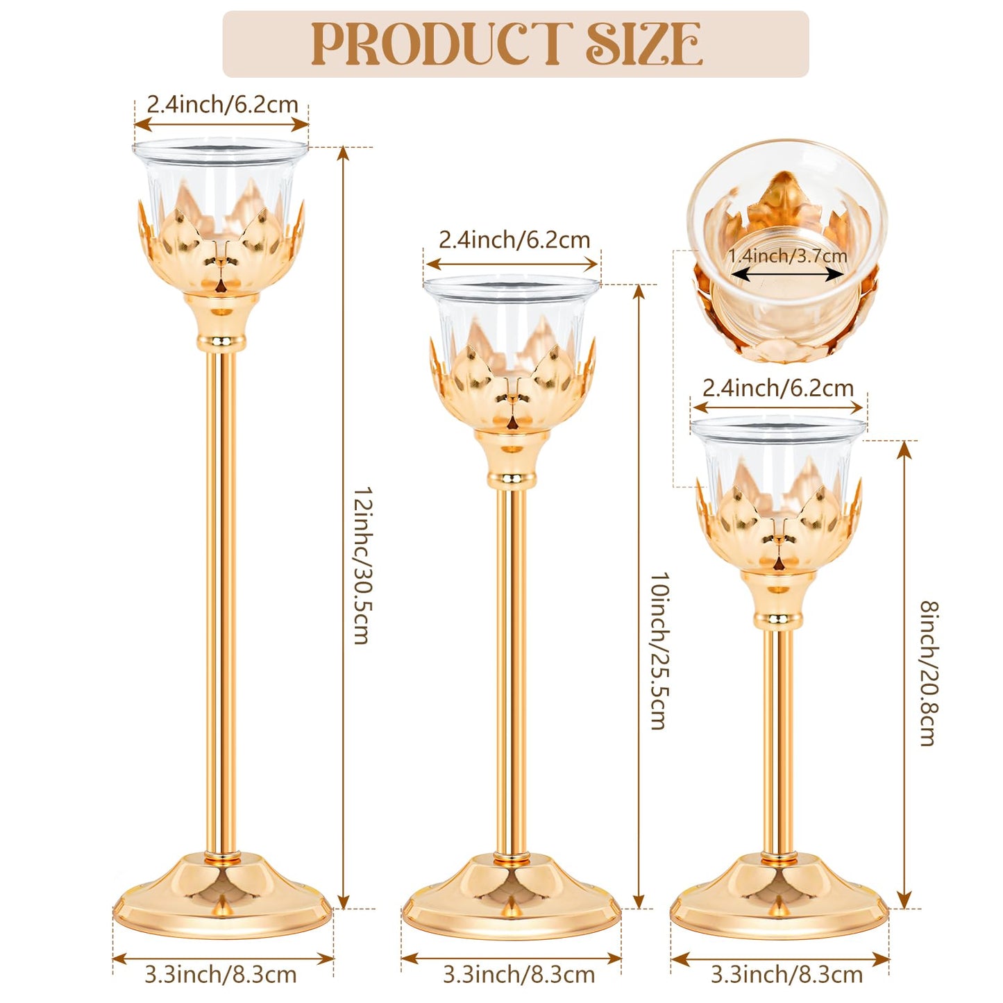 Set of 3 Metal Tea Light Candle Holder with 3 Glass Cups, 12/10/8 Inch Elegant Tealight Candelabra Centerpiece for Wedding Table Decor, Tiered Home Party Decoration (3, Gold)