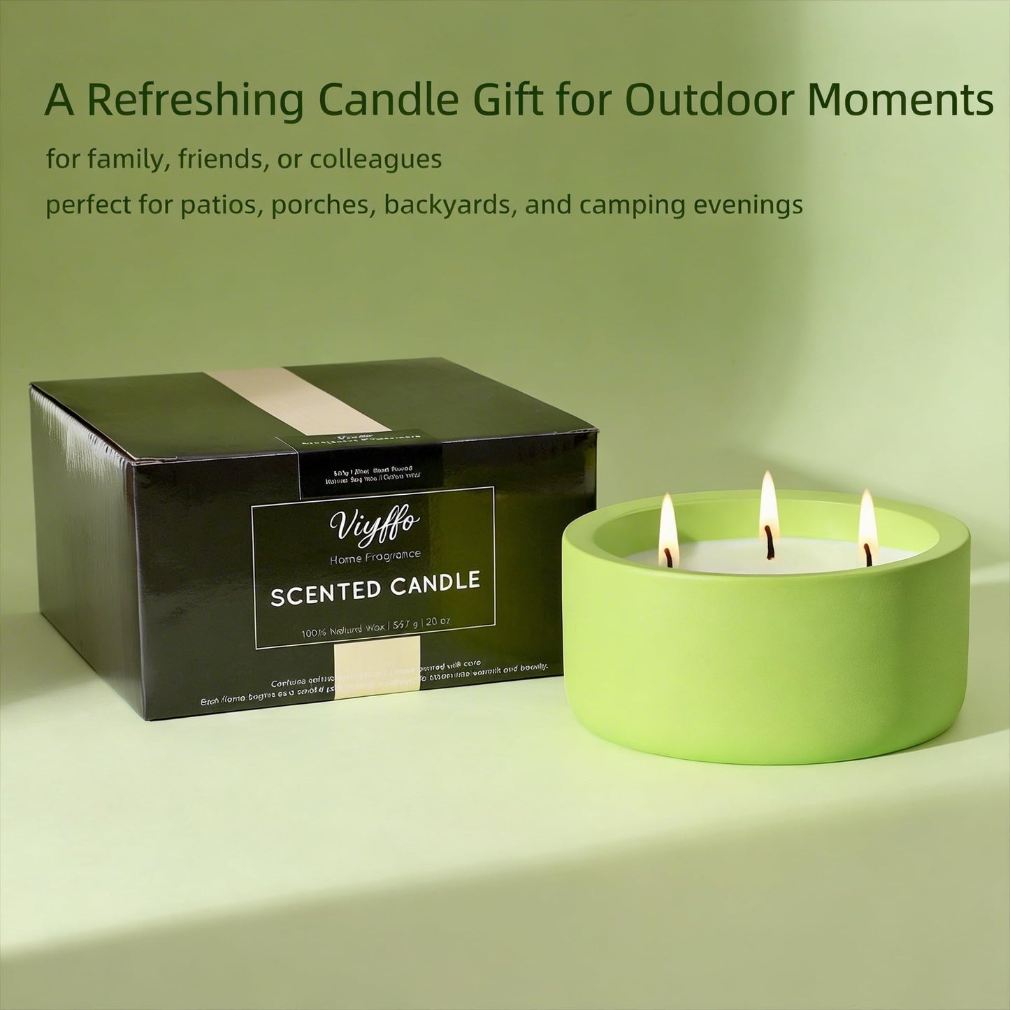 Viyffo Large Citronella & Lemon Candle Outdoor, 3 Wick 20oz Scented Candle Indoor, Non Toxic Soy, Green Ceramic Jar for Patio, Deck, Garden, Backyard & Camping, Home Fragrance, Décor & Gift