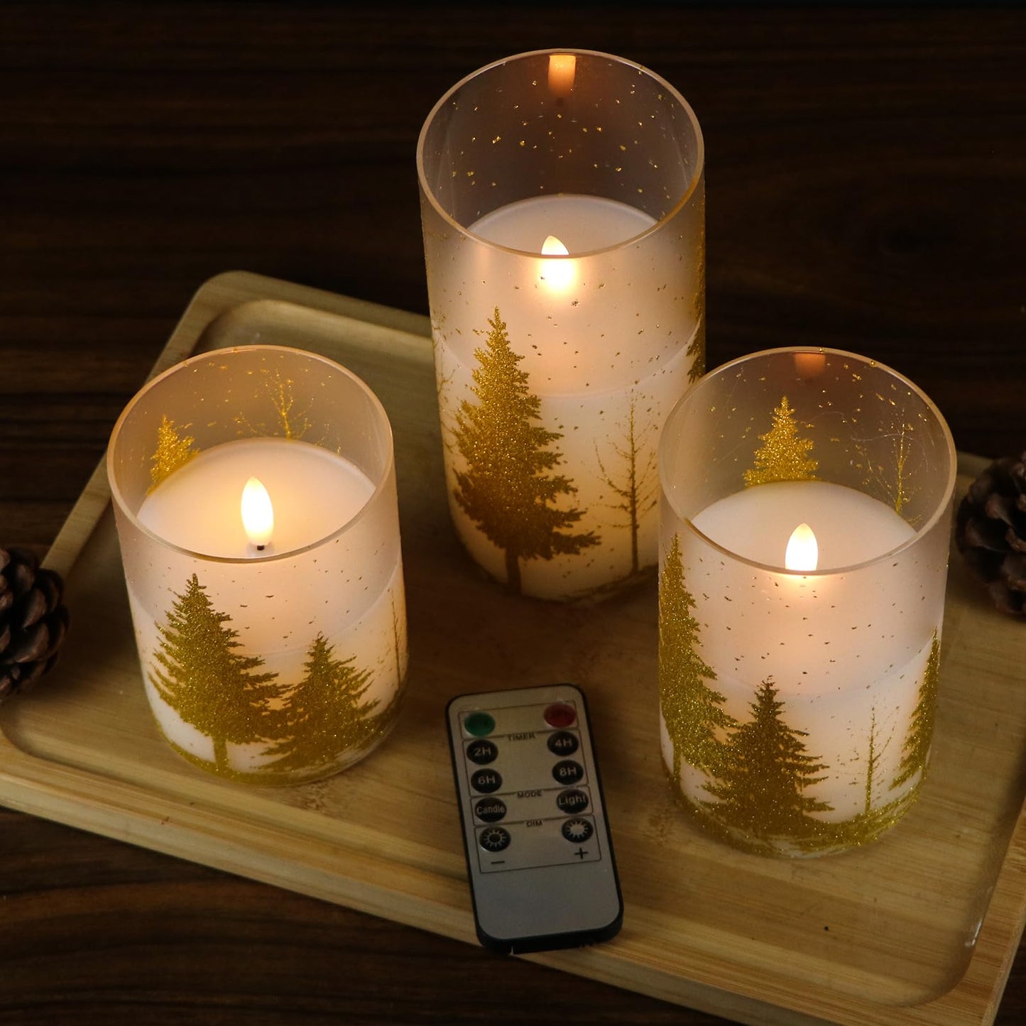DRomance Christmas Tree Glass Flameless Candles with Remote Timer Battery Operated Real Wax 3D Wick LED Flickering Pillar Candles Christmas Holiday Decor(Gold, 3 x 4,5,6 Inch)