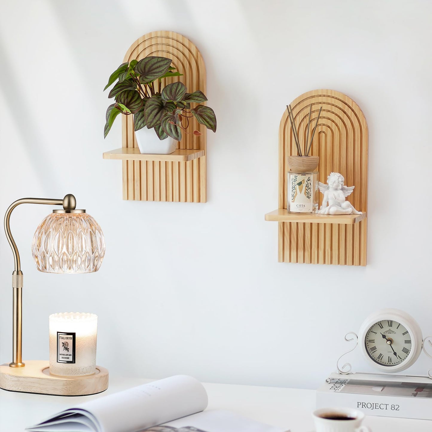 Walasis Boho Wall Decor Set of Two - Natural Modern Minimalist Mid Century Wall Candle Holder for Living Room - Wood Bohemian Decor for Bathroom Nursery Bedroom
