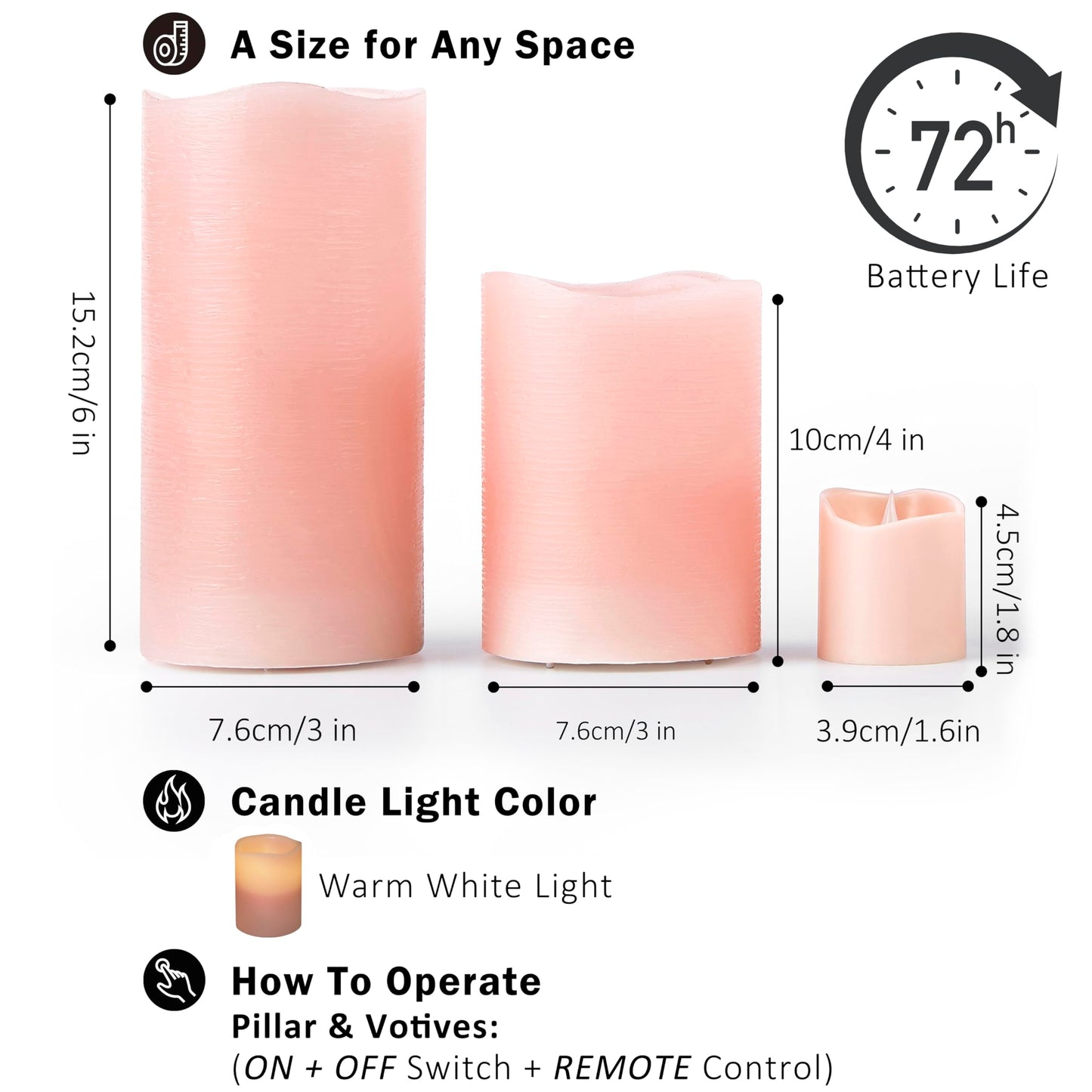 FURORA LIGHTING Pink Flameless Candles - Real Wax, Adjustable Brightness, Remote & Timer - 4 Pillars (3x4, 3x6) and 4 Votives, 8-Pack, Battery Operated