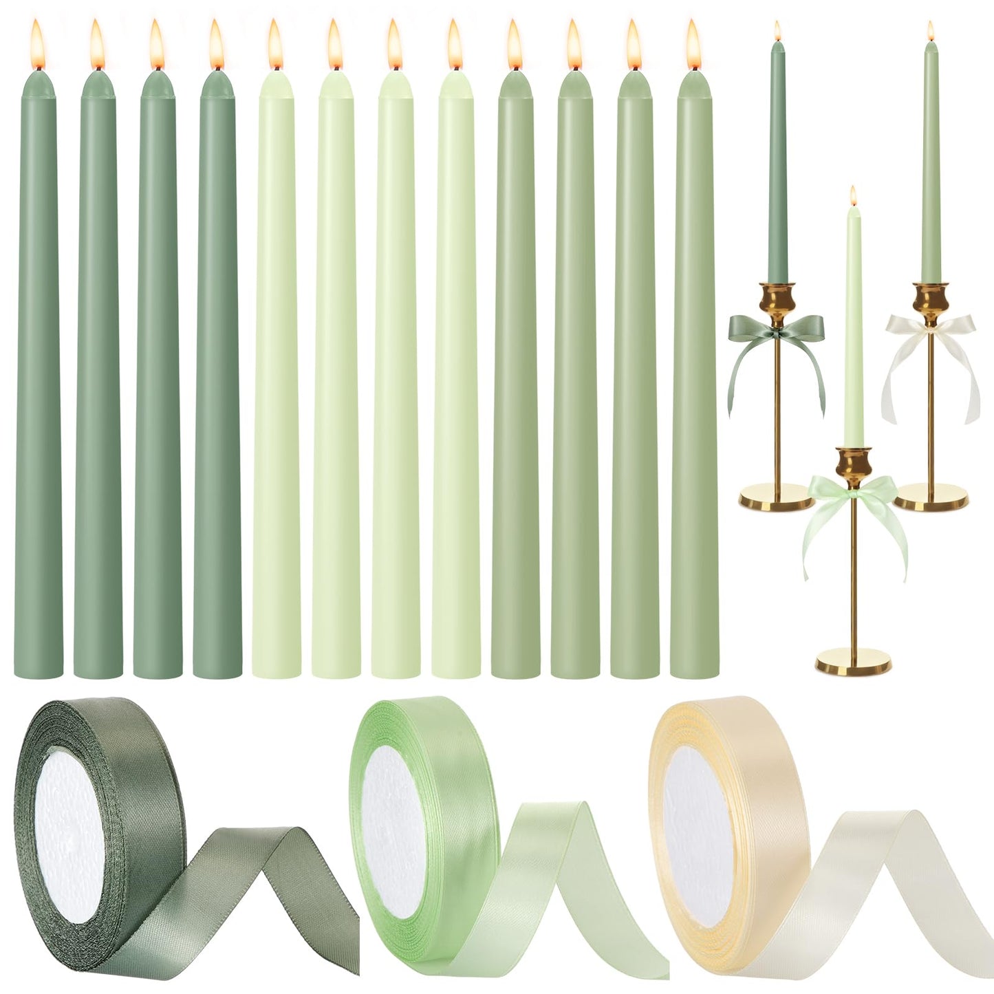 Windkream 12 Pcs Sage Green Series Taper Candles with 3 Rolls of Ribbon 10 Inch Candle, Candlestick Decor for Baby Shower, Home, Wedding, Summer, Outdoor Dinner Holiday Party Decor
