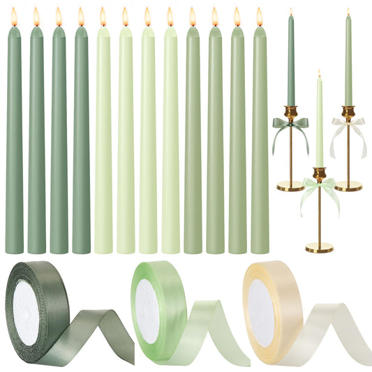 Windkream 12 Pcs Sage Green Series Taper Candles with 3 Rolls of Ribbon 10 Inch Candle, Candlestick Decor for Baby Shower, Home, Wedding, Summer, Outdoor Dinner Holiday Party Decor