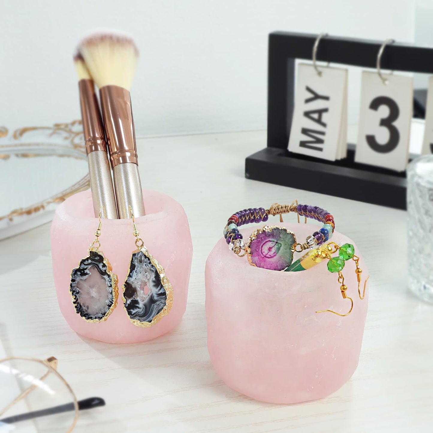 mookaitedecor Natural Rose Quartz Crystal Tea Light Candle Holder/Air Plant Holder Home Decor