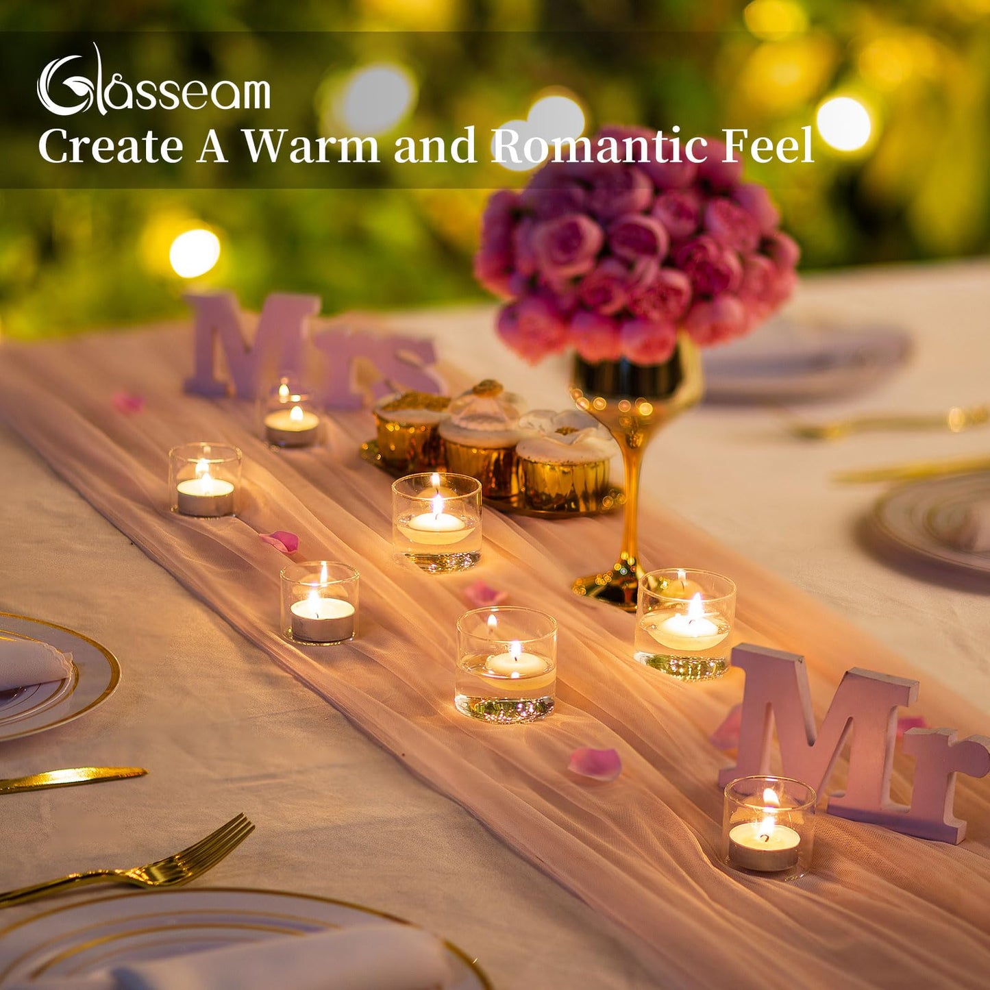 Glasseam Glass Votive Candle Holders - Clear Set of 12, Mini Floating Tea Lights for Wedding Centerpieces, Christmas Party Decorations, 1.6"+2
