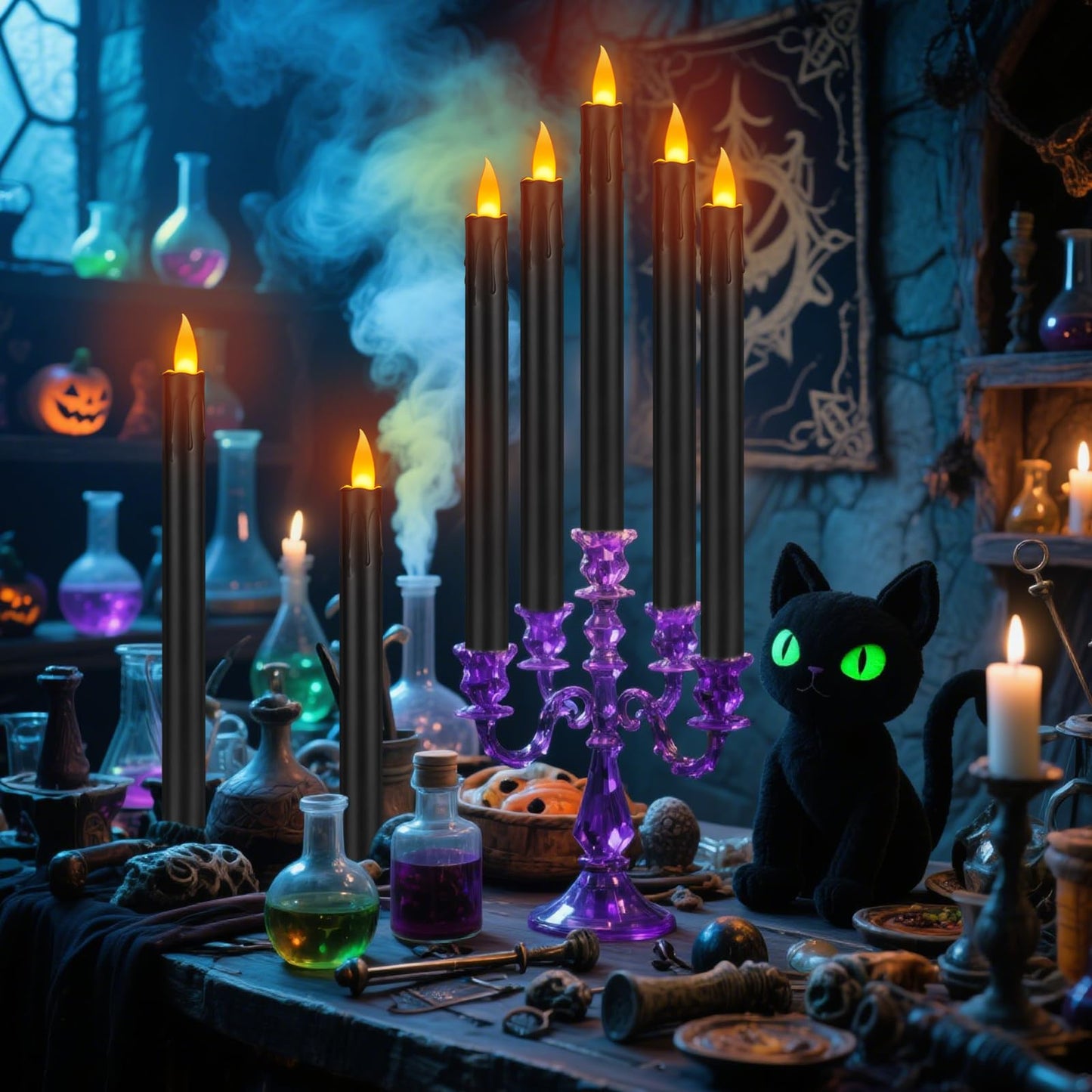 wemarry 6 Pcs Black Flameless Taper Candles with Remote, 10" Tall Electric Led Candlesticks, Plastic Battery Operated Taper Candles for Halloween Dinner Party Wedding Birthday Home Décor(Black Drip)