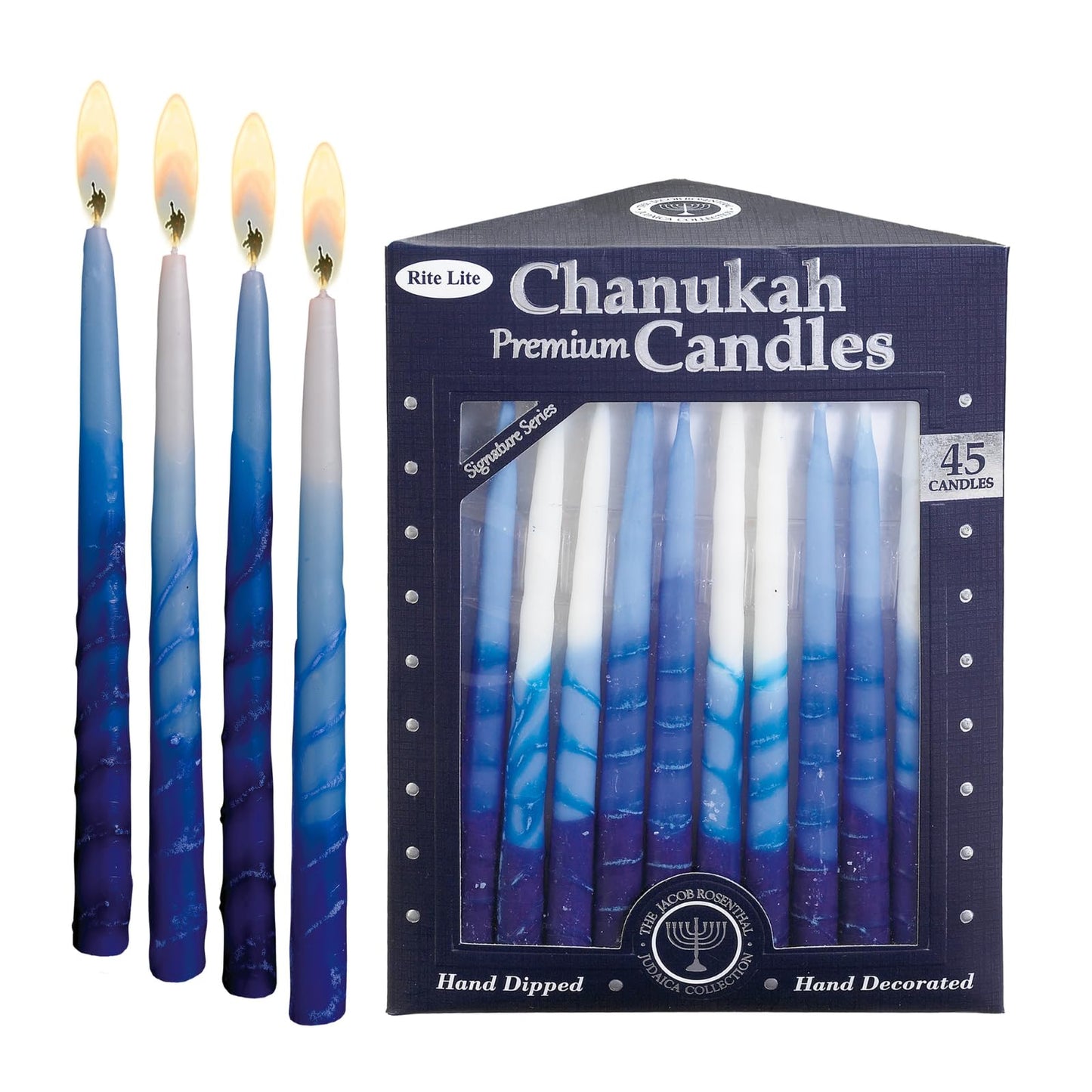 Rite -Lite Judaica Premium Chanukah Candles. Handcrafted, Tri-Color Blue/White Stripe. Box of 45