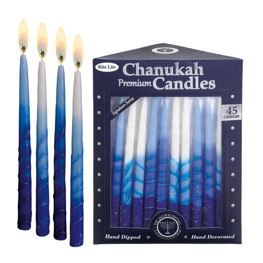 Rite -Lite Judaica Premium Chanukah Candles. Handcrafted, Tri-Color Blue/White Stripe. Box of 45