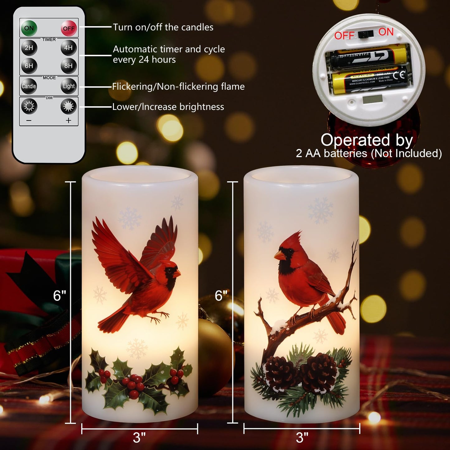 Eldnacele Christmas Cardinal Flameless Candles Battery Operated with Remote and Timer Real Wax Flickering LED Pillar Candles Winter Holiday Indoor Decor(2 Pack, 3" D x 6" H)