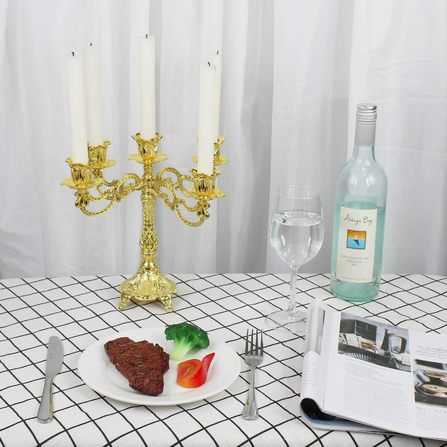 Dorlotou Metal Candelabra 5-Candle 10.1 Inch Tall Candle Holder Stick for Home Wedding Event and Party Festival,Gold