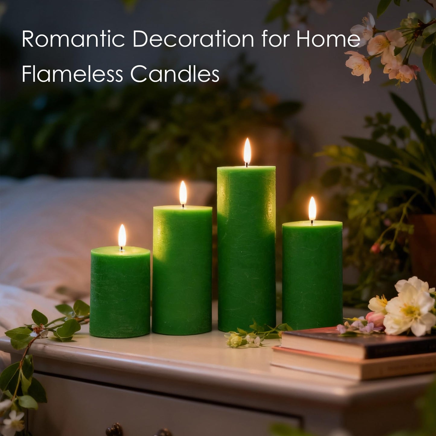 LUSHARBOR Green Flameless Candles, 4 Pack Battery Operated Candles for St. Patrick’s Day, Real Wax LED Fake Candles for Spring Decor Party Centerpiece Green