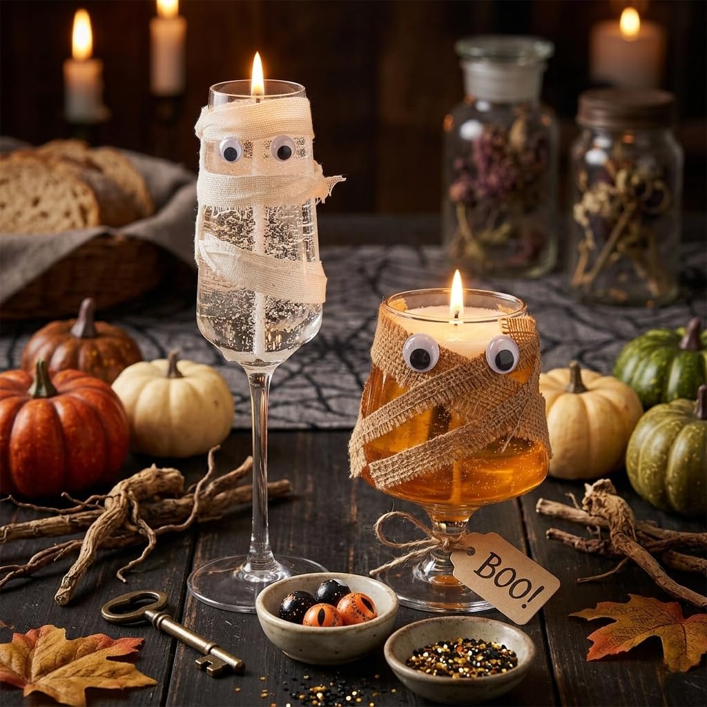 Candle Halloween Mummy Wine Glass Decorations, Summerween Orange and White Party Glasses with Googly Eyes, Spooky Candle Set, 2 Pack