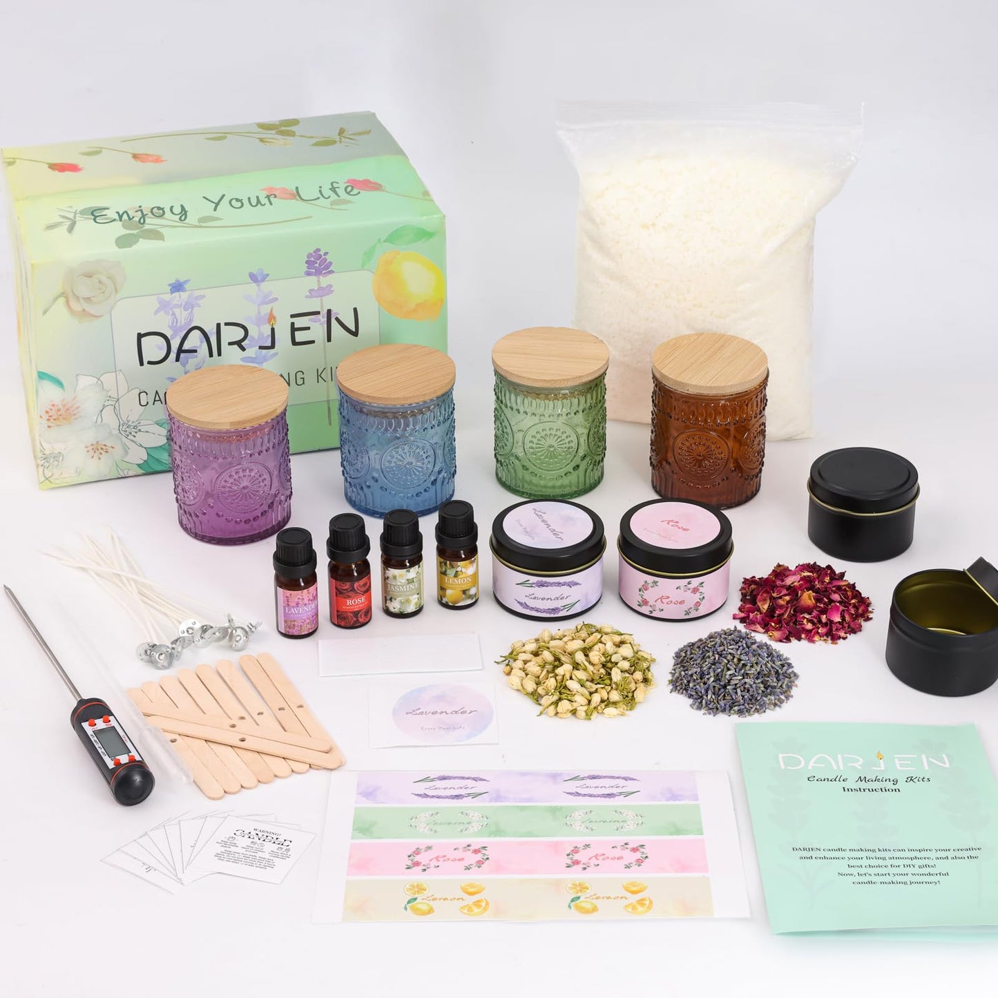 DARJEN Candle Making Kits - Soy Candles Making Supplies for Adults Including 4 Candle Jars(Amber, Purple, Blue, Green), Candle Tins, Wax, Scents, Dried Flower & More, DIY Arts & Crafts Kits Home Decor