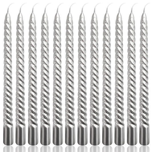 10 Inch Silver Spiral Taper Candles Set for Holiday Decor, 12 Pack Unscented Twisted Candlesticks, Dripelss Thin Tapered Candles for Wedding Dinner Parties Galas Award Ceremonies Religious