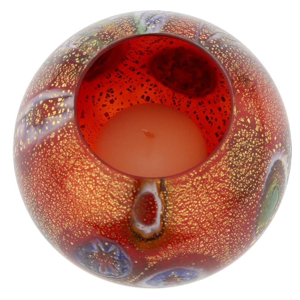 GlassOfVenice Murano Glass Millefiori Votive Candle Holder - Red