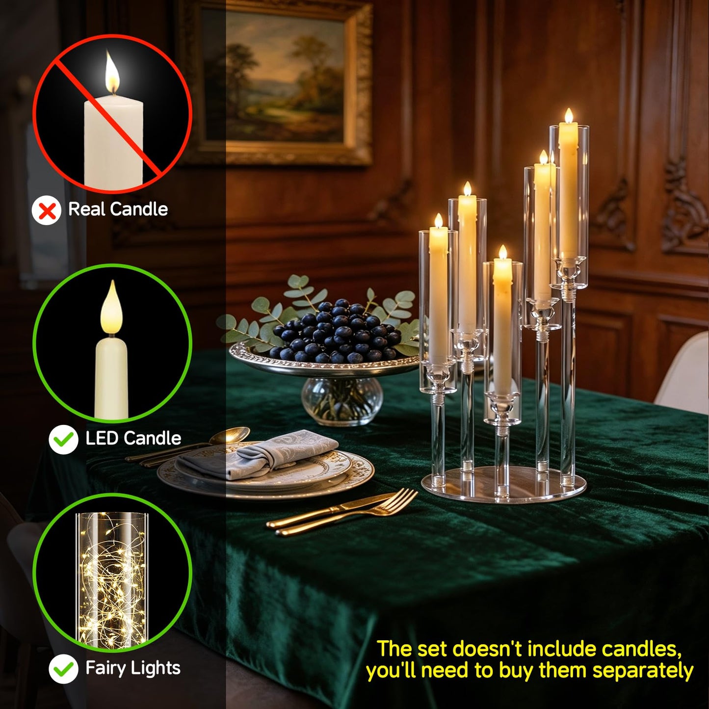 4 Set 22.8'' Tall Acrylic Candelabra Centerpieces for Wedding Table Decorations,Clear 5 Arms Candlesticks Holder with Acrylic Shade for Candlelight Dinner Party Fireplace Gift Fit LED Candle