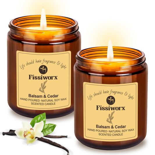 Balsam & Cedar Scented Candle Set 2 Pack – Natural Soy Wax Hand-Poured – Relax and Relieve Stress – 60-Hour Long-Lasting Burn – Premium Aromatherapy Candle for Home Decor, Gifts