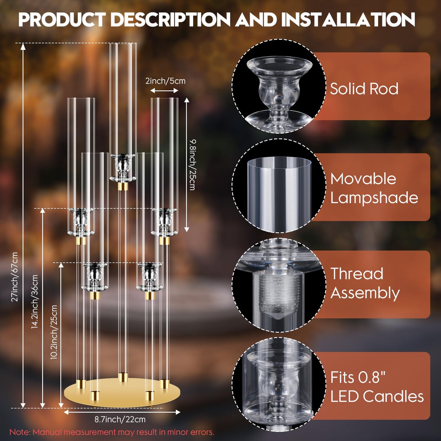 5 Arm Gold Candle Holder, Mjkeomo 26'' Tall Candelabra Centerpieces for Tables Clear Candlesticks Holder for Housewarming Gift Fireplace Halloween Christmas Wedding Decor Fit 0.82'' LED Candle