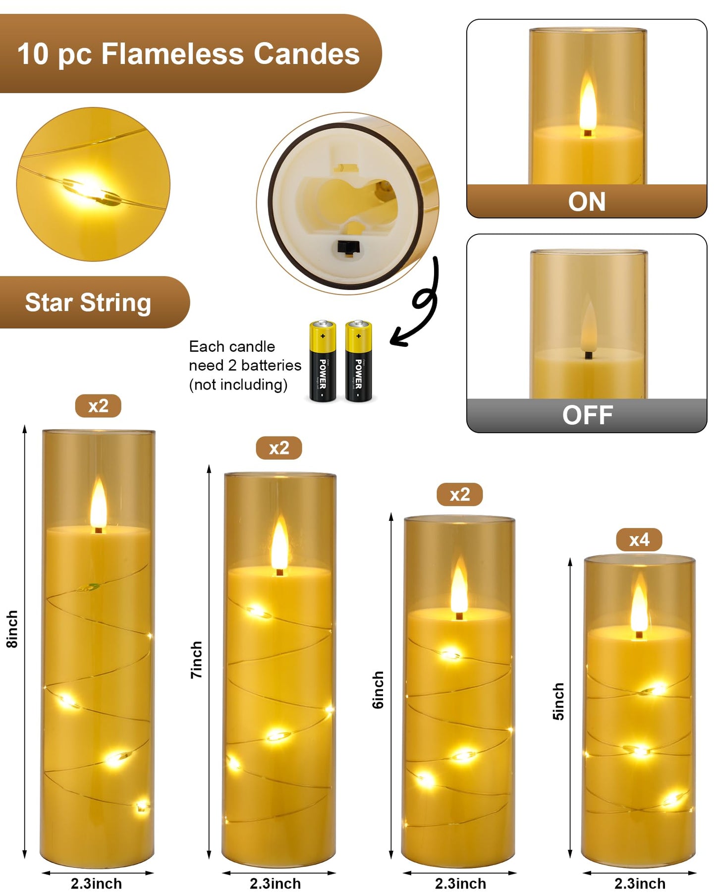 Enido 10 Pc Flameless LED Candles with Remote & Timer, Battery Operated Acrylic Pillar Set, Flickering Electric Lights with Embedded Star String for Cozy Home & Holiday Romantic Decor (Matte Gold)