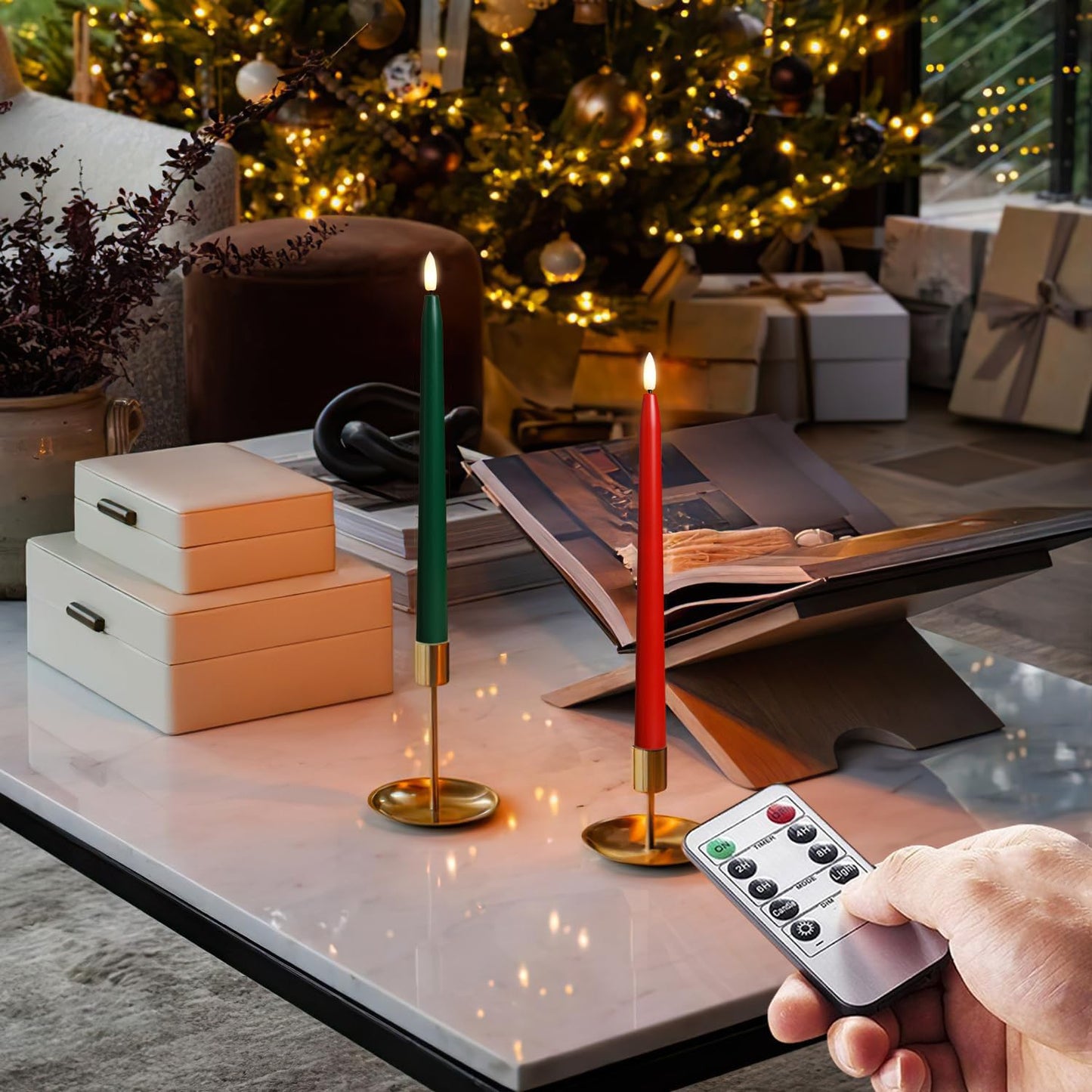 Stmarry Green and Red Flameless Taper Candles with Remote Control - 11 Inch LED Candlesticks Battery Operated, Realistic 3D Flame with Wick, Timer, 6 Pack Holiday Candles Christmas Decor