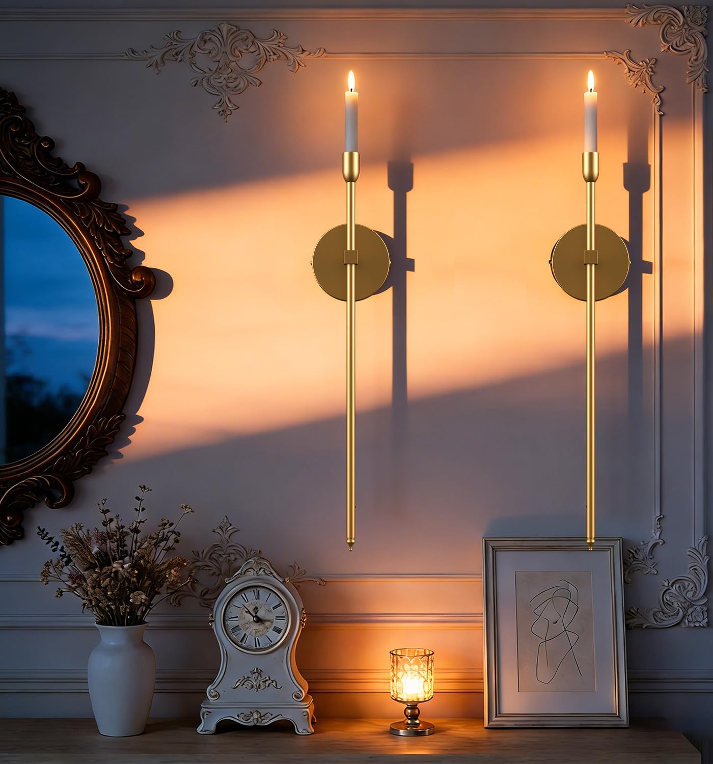 Wall Candle Sconces Set of 2, Large Gold Scepter Gothic Design Metal Wall Candle Holder, Home Wall Decoration for Living Room, Bathroom, Dining Room