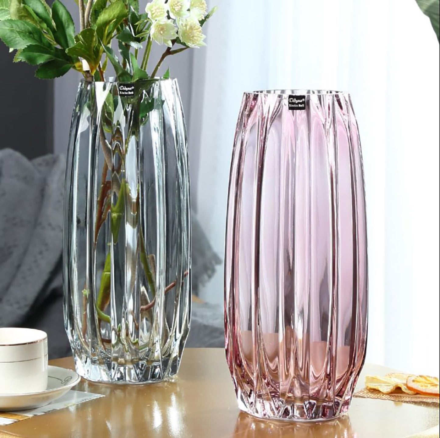 Lucky Bird Purple Pink Ribbed Glass Vase for Flowers and Candles - Modern Centerpiece (H12.0 inch)