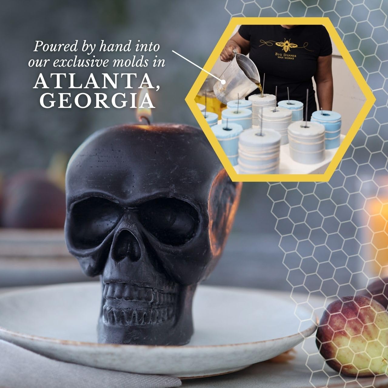 Big Dipper Wax Works Black Skull Candle – Handcrafted 100% Pure Beeswax, 3.5" × 3.75", Unscented, 40-Hour Clean Burn, Gothic Halloween Décor, Artisan Sculpted Candle, Eco-Friendly Gift
