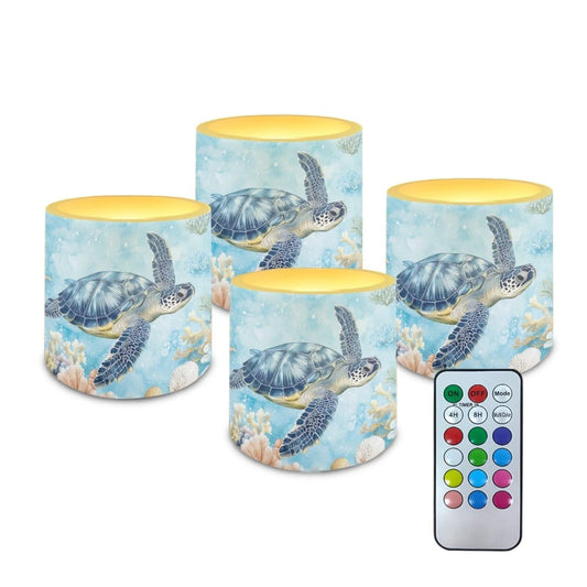 NETILGEN 4 Pcs Flameless Candles with Remote Timer Underwater Sea Turtle Print Color Changing Battery Operated LED Pillar Flickering Candles for Home Decor