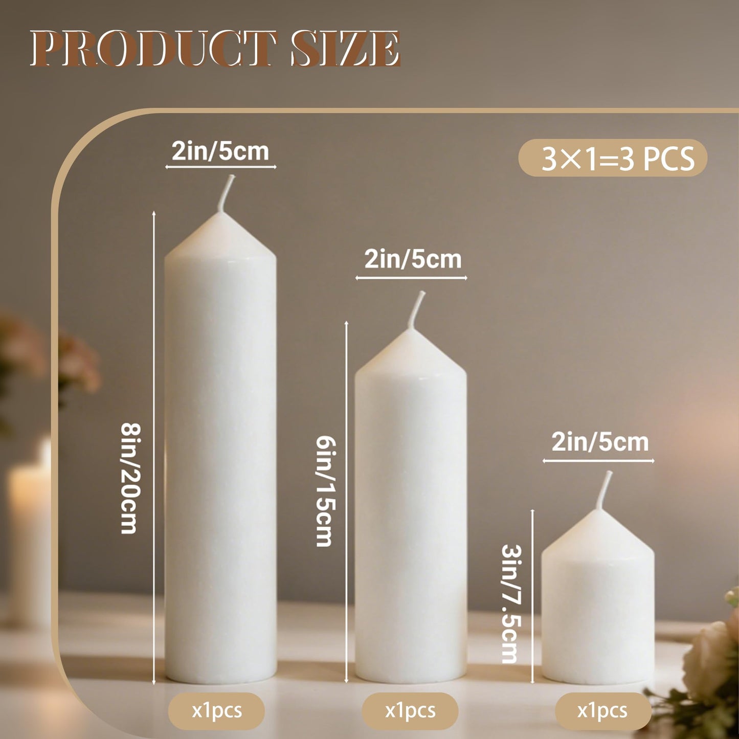 HTTBEIZI Pillar Candles Bulk Set - Unscented, Smokeless, Dripless | 3 Sizes (1 Each): 2x3, 2x6, 2x8 Inches | Ideal for Weddings, Christmas & Home Decor (3, White)