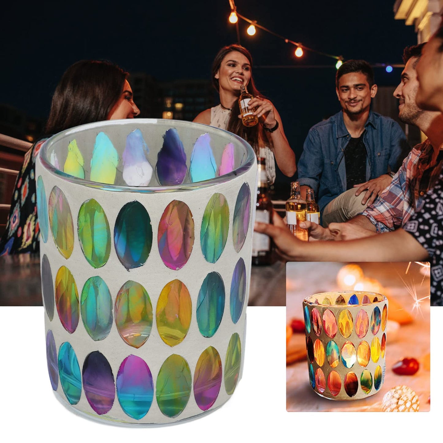 Glass Candle Holders, Mosaic Tea Light Holder Colorful Glass Vivid Luster Tealight Votive Holder Cup Vivid Luster Pen Holder for Bedroom, Office, Cafe, Restaurant, and Bar