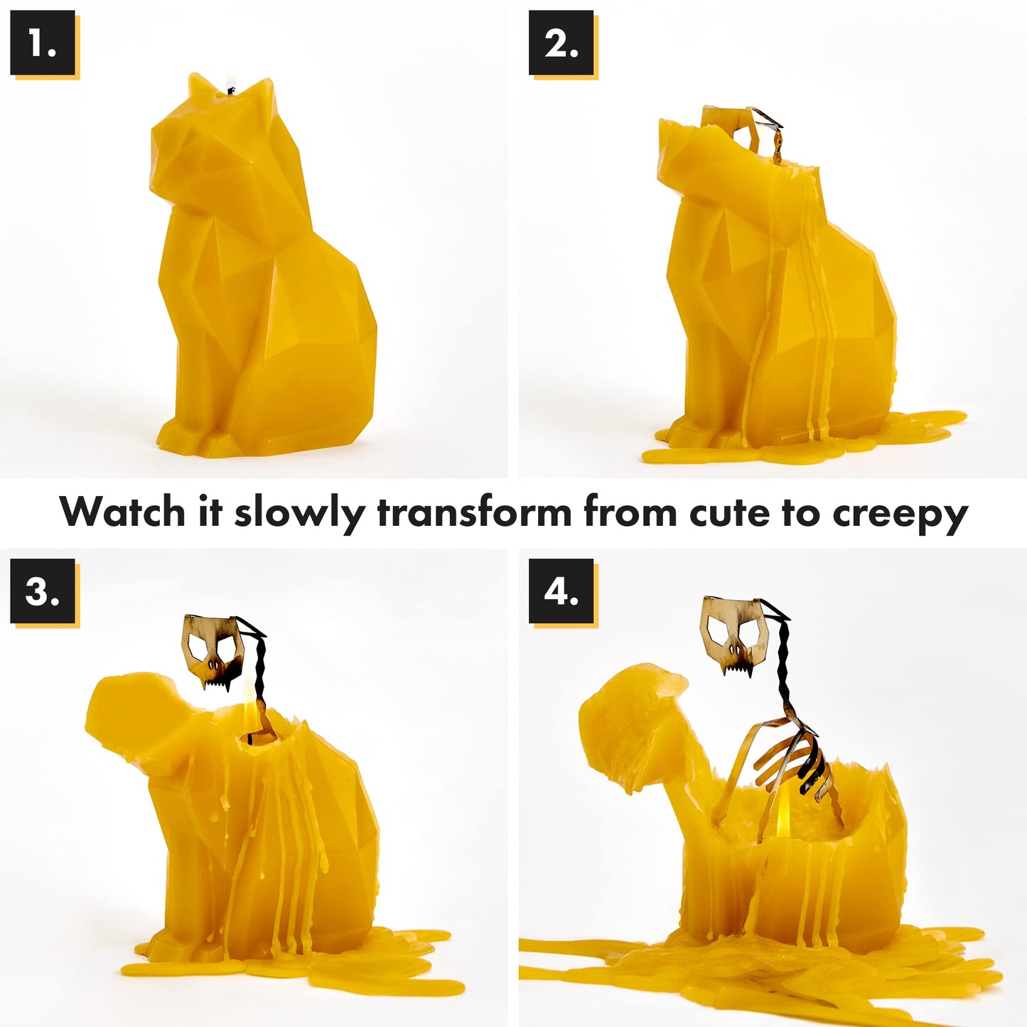 PyroPet Kisa Cat Candle (Mustard Yellow) - The Original Cat Candle with Metallic Skeleton | Halloween Decor | Unique Gift for Cat Lovers | 20-Hr Burn Time | Dimensions: 6.7x2.9x4.5 in